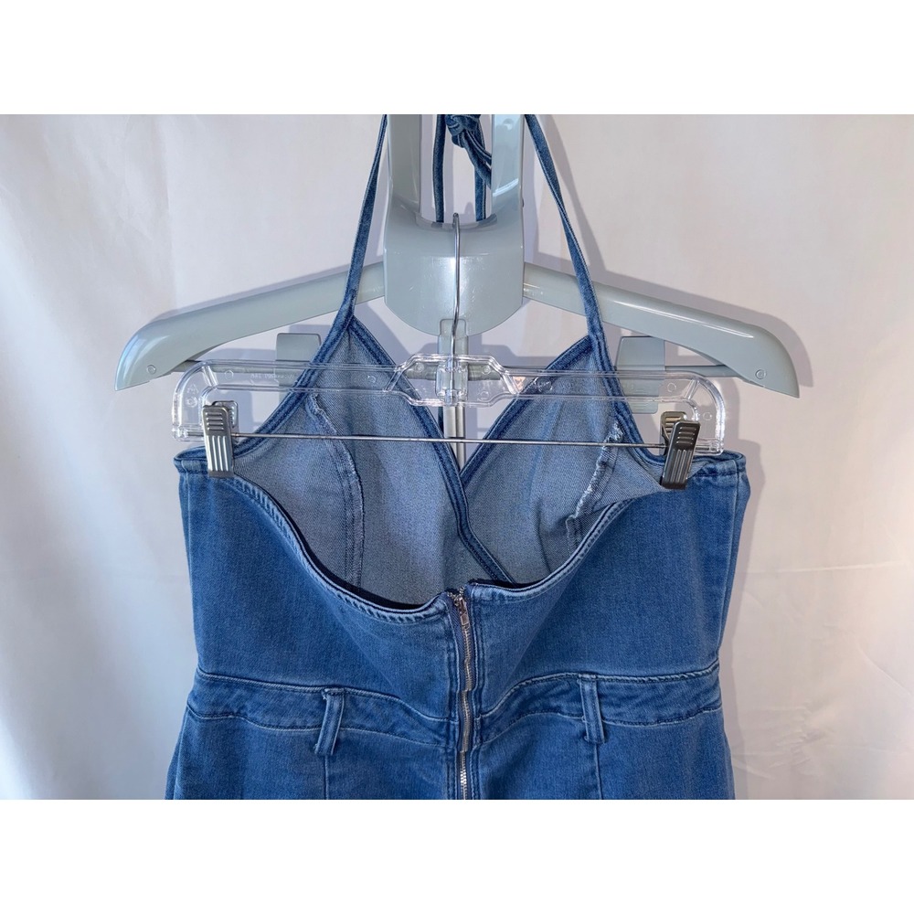 Fashion Nova Womens Denim Halter Jumpsuit Medium Wash Wide Leg XL BROS183 - Picture 8 of 9